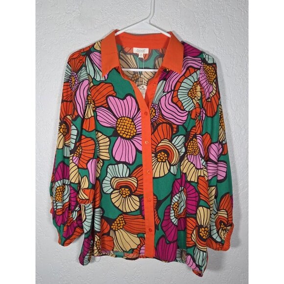 Oddy Orange Floral Puff 3/4 Sleeve Button Up Spring Button Down Size Med - Picture 1 of 5